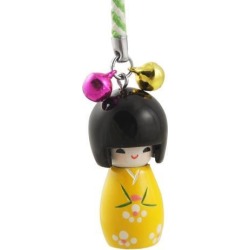 Black Yellow Japanese Kokeshi Doll Pendant Mobile Nylon String Phone Strap