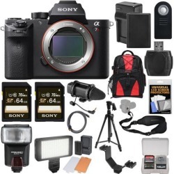 Sony Alpha A7R II 4K Wi-Fi Digital Camera Body with (2x) 64GB Cards + Battery & Charger + Backpack + Flash + LED Light + Microphone + Tripod + Kit