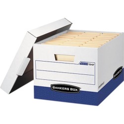 Bankers Box 0724303 R-Kive Max Storage Box, Letter/Legal, Locking Lid, White/Blue, 4/Carton