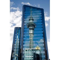 Reflection of Skytower in Office Building, Auckland, North Island, New Zealand Print by David Wall