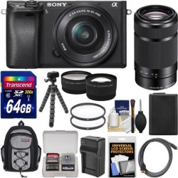Sony Alpha A6300 4K Wi-Fi Digital Camera & 16-50mm with 55-210mm Lens + 64GB Card + Case + Battery & Charger + Flex Tripod + Filters + Kit