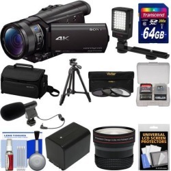Sony Handycam FDR-AX100 Wi-Fi 4K HD Video Camera Camcorder with 64GB Card + Case + LED Light + Battery + Mic + Tripod + Fisheye Lens + Kit