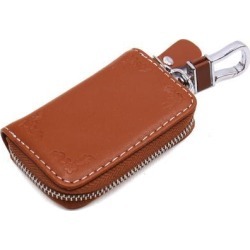 Universal Flower Printing Faux Leather Zipper Closure Car Key Holder Pouch Brown