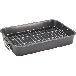Farberware Nonstick Bakeware 57026 11-Inch x 15-Inch Roaster with Flat Rack, Gray