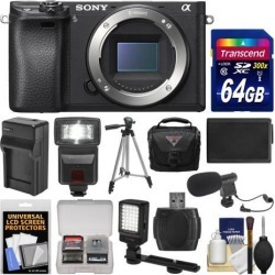 Sony Alpha A6300 4K Wi-Fi Digital Camera Body (Black) with 64GB Card + Case + Flash + LED Video Light + Mic + Battery & Charger + Tripod + Kit