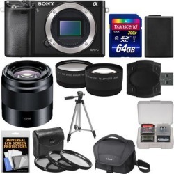 Sony Alpha A6000 Wi-Fi Digital Camera Body (Black) with 50mm f/1.8 OSS Lens + 64GB Card + Case + Battery + Tripod + Tele/Wide Lens Kit