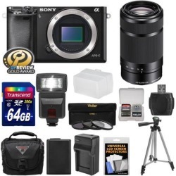 Sony Alpha A6000 Wi-Fi Digital Camera Body (Black) with 55-210mm Lens + 64GB Card + Flash + Case + Tripod + Battery & Charger + Kit