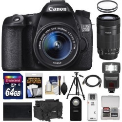 Canon EOS 70D Digital SLR Camera & EF-S 18-55mm IS STM Lens with 55-250mm IS STM Lens + 64GB Card + Battery + Case + Tripod + Flash + Accessory Kit