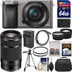 Sony Alpha A6000 Wi-Fi Digital Camera & 16-50mm Lens (Graphite) with 55-210mm Lens + 64GB Card + Case + Battery/Charger + Tripod + Tele/Wide Lens Kit