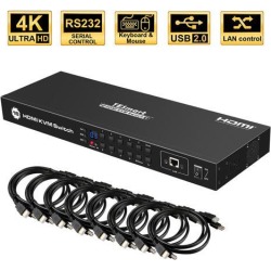 TESmart 16Ports HDMI KVM Switch 4K UHD Switch USB 2.0, 8 Pcs 5ft/1.5m KVM Cable, Console Rack Mount, 16 Port Input, Control of 16.