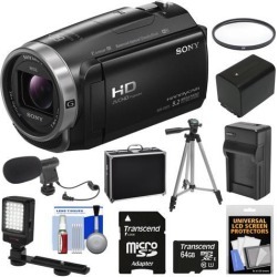 Sony Handycam HDR-CX675 32GB Wi-Fi HD Video Camera Camcorder with 64GB Card + Battery & Charger + Hard Case + Tripod + LED Light + Microphone + Kit