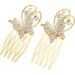Crystal Rhinestone Wedding Pearls Hair Clip Comb Bride Butterfly - Golden