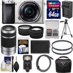 Sony Alpha A6000 Wi-Fi Digital Camera & 16-50mm Lens (Silver) with 55-210mm Lens + 64GB Card + Case + Flash + Battery/Charger + Tripod Kit