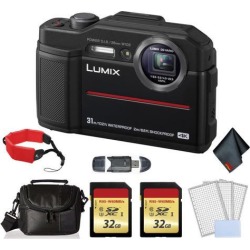 Panasonic Lumix Waterproof Digital Camera (Black)- Bundle with 2x 32 GB Memory cards + Floating Wrist Strap + LCD Screen Protectors and MORE