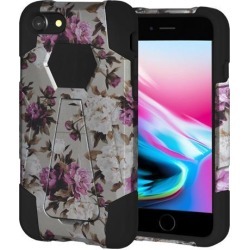 Amzer Dual Layer Designer Hybrid Case with Kickstand - Romantic Pink White Roses Floral for iPhone 8