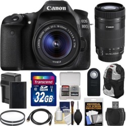 Canon EOS 80D Wi-Fi Digital SLR Camera & EF-S 18-55mm IS STM with 55-250mm IS STM Lens + 32GB Card + Battery & Charger + Backpack + Kit