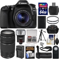 Canon EOS 80D Wi-Fi Digital SLR Camera & EF-S 18-55mm IS STM + 75-300mm III Lens + 64GB Card + Case + Flash + Battery & Charger + Grip + Tripod Kit