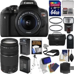 Canon EOS Rebel T6i Wi-Fi Digital SLR Camera & 18-55mm IS STM + 75-300mm III Lens + 64GB Card + Case + Flash + Battery & Charger + Tripod + Filters.