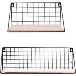 Pack 2 Metal & Wooden Wall Grid Hanging Shelf Furnishing Storage Rack Holder