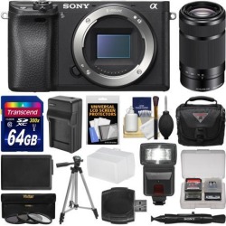 Sony Alpha A6300 4K Wi-Fi Digital Camera Body with 55-210mm Lens + 64GB Card + Case + Flash + Battery/Charger + Filters + Kit