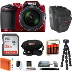 Nikon COOLPIX B500 Digital Camera (Red) with Sony 32GB Card & Focus Accessory Bundle