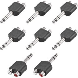 6.35mm Male to 2 RCA Female Connector Splitter Adapter Coupler Black 8Pcs for Stereo Audio Video AV TV Cable Convert