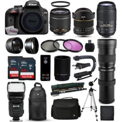 Nikon D3400 Digital SLR Camera & 18-55mm & 6.5mm Fisheye & 55-300mm & 420-1600mm Lens & Filters & 128GB Sandisk SD Card