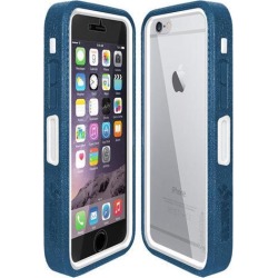 Amzer Blue on White Embedded Tempered Glass Rugged Case With Holster for Silver/Gold Apple iPhone 6 Plus / 6S Plus