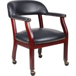 Traditional Captain's Chair In Black Vinyl Leather Luxurious Conference Guest Chair Letherette Side Chair Wooden Frame with Casters Wheels