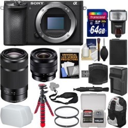 Sony Alpha A6500 4K Wi-Fi Digital Camera Body with 10-18mm f/4.0 & 55-210mm Lenses + 64GB Card + Backpack + Flash + Battery/Charger Kit