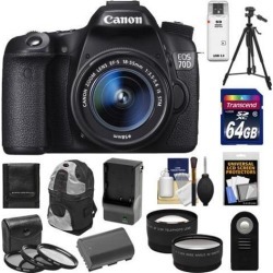 Canon EOS 70D Digital SLR Camera & EF-S 18-55mm IS STM Lens with 64GB Card + Battery & Charger + Backpack + 3 Filters + Tripod + Tele & Wide Lens Kit