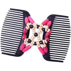 Stretchy Double Side Hair Comb Clip Magic Wood Beads Hair Accessory Rosy
