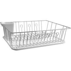 Mega Chef 17.5 Inch White Single Level Dish Rack with 14 Plate Positioners and a Detachable Utensil Holder