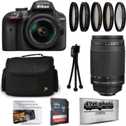 Nikon D3400 24MP DSLR Digital Camera AF-P 18-55mm + NIKKOR Lens 70-300mm + High Definition Professional 5 Piece Filter Kit + 32GB Memory SD Card.