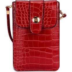 Vertical Crocodile Themed Eco Leather Pouch w/ Shoulder Strap fits up to 6.1 x 3 inch Phones (Lipstick Red)
