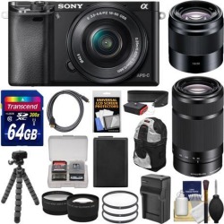 Sony Alpha A6000 Wi-Fi Digital Camera & 16-50mm (Black) with 55-210mm & 50mm f/1.8 Lenses + 64GB Card + Case + Battery/Charger + Tripod + Kit