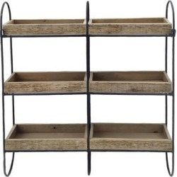 Iron Frame Three Tier Wall Shelf with Six Fir Wood Rectangular Baskets, Brown and Black