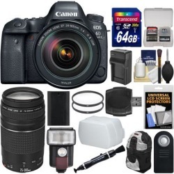 Canon EOS 6D Mark II Wi-Fi Digital SLR Camera & EF 24-105mm f/4L IS II USM + 75-300mm III Lens + 64GB Card + Backpack + Flash + Battery/Charger +.