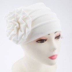 Womens Flower Stretch Turban Hat Hijab Cap Head Wrap Hair Loss Chemo Beanie White