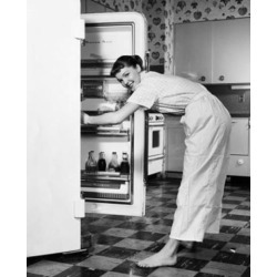 Posterazzi SAL2555355 Side Profile of a Young Woman Standing in Front of a Refrigerator Poster Print - 18 x 24 in.