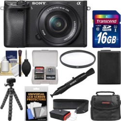 Sony Alpha A6300 4K Wi-Fi Digital Camera & 16-50mm Lens (Black) with 16GB Card + Case + Battery + Flex Tripod + Filter + Strap + Kit