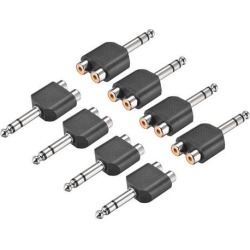 6.35mm Male to 2 RCA Female Connector Splitter Adapter Coupler Black for Stereo Audio Video AV TV Cable Convert Dual Track 8pcs