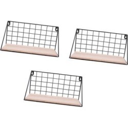 Pack 3 Metal & Wooden Wall Grid Hanging Shelf Furnishing Storage Rack Holder
