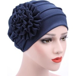 Womens Flower Stretch Turban Hat Hijab Cap Head Wrap Hair Loss Chemo Beanie Dark Blue