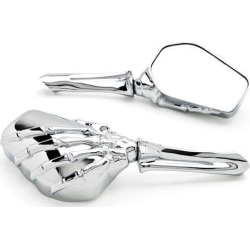 Custom Chrome Motorcycle Skeleton Bone Hands Mirrors Fits Most Harley Davidsons, Suzuki, Honda, Kawasaki Cruisers side chrome mirrors with skeleton.