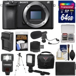 Sony Alpha A6500 4K Wi-Fi Digital Camera Body with 64GB Card + Case + Flash + Battery & Charger + Tripod + Video Light + Mic + Kit