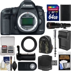 Canon EOS 5D Mark III Digital SLR Camera Body with 500mm Telephoto Lens + 64GB Card + Backpack + Battery & Charger + Grip + Monopod Kit