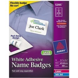 Avery 5395 Flexible Self-Adhesive Laser/Inkjet Name Badge Labels, 2-1/3 x 3-3/8, WE, 400/Bx
