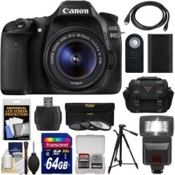 Canon EOS 80D Wi-Fi Digital SLR Camera & EF-S 18-55mm IS STM Lens with 64GB Card + Battery + Case + Flash + Tripod + 3 Filters + Kit