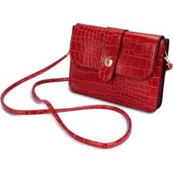Horizontal Crocodile Themed Eco Leather Pouch w/ Shoulder Strap fits up to 6.1 x 3 inch Phones (Lipstick Red)